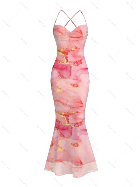 Vacation Couple Outfit Gilded Tie Dye Marble Print Draped Mesh Open Back Bodycon Mermaid Dress and Shirt Set - Rose S | US 4