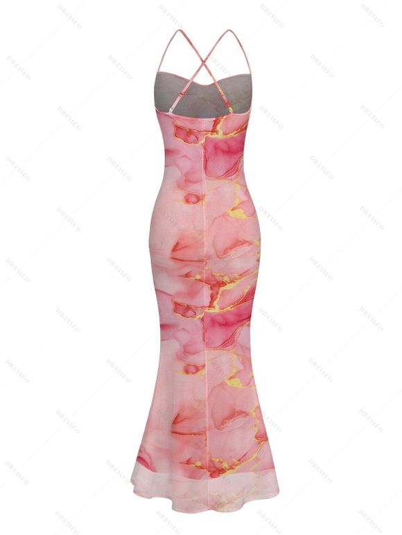 Vacation Couple Outfit Gilded Tie Dye Marble Print Draped Mesh Open Back Bodycon Mermaid Dress and Shirt Set - Rose S | US 4