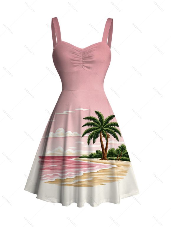 Vacation Couple Outfit Coconut Tree Beach Landscape Print Ruched Bust Mini Dress and Shirt Set - Rose S | US 4