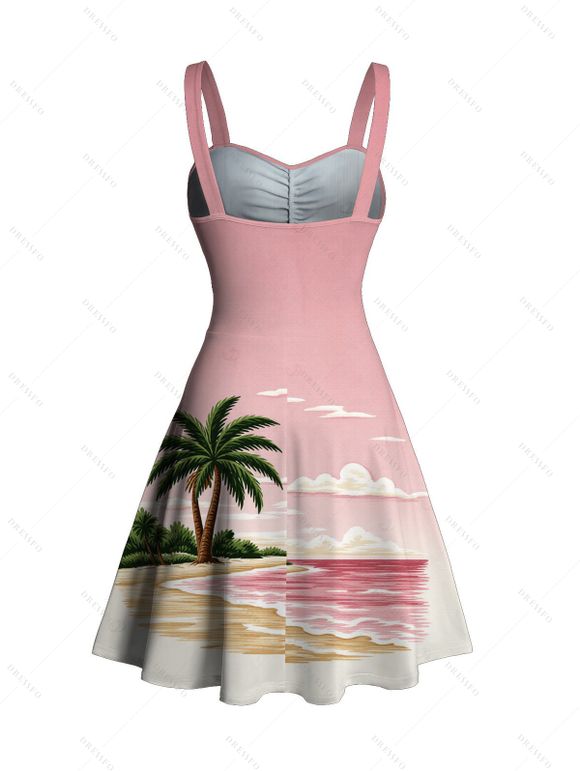 Vacation Couple Outfit Coconut Tree Beach Landscape Print Ruched Bust Mini Dress and Shirt Set - Rose S | US 4