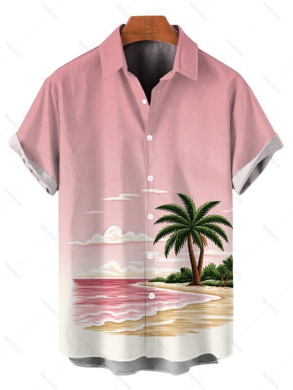 Vacation Couple Outfit Coconut Tree Beach Landscape Print Ruched Bust Mini Dress and Shirt Set - Rose S | US 4
