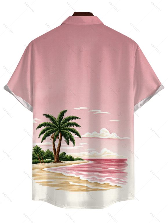 Vacation Couple Outfit Coconut Tree Beach Landscape Print Ruched Bust Mini Dress and Shirt Set - Rose S | US 4
