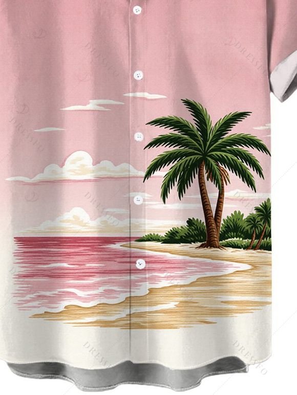 Men's Vacation Shirt Coconut Tree Beach Landscape Print Button Up Shirt - Rose 5XL