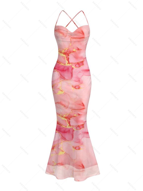 Vacation Dress Gilded Tie Dye Marble Print Draped Mesh Open Back Bodycon Mermaid Dress - Rose XXL | US 14