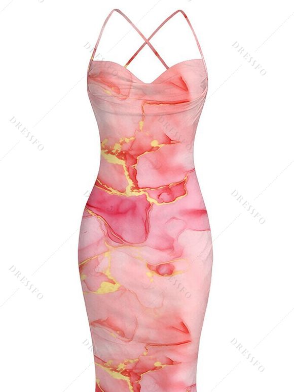 Vacation Dress Gilded Tie Dye Marble Print Draped Mesh Open Back Bodycon Mermaid Dress - Rose XXL | US 14