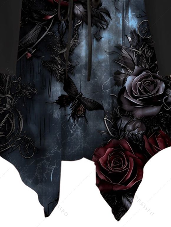 Gothic Dress Rose Floral Butterfly Print Ruffle Cold Shoulder Lace Up Belt Bell Sleeve Handkerchief Dress - Noir XXL | US 14