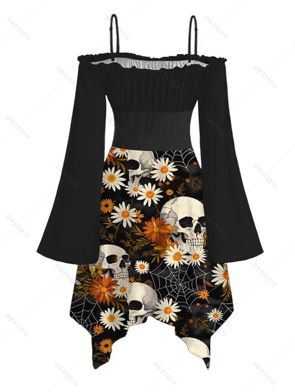 Gothic Dress Skulls Spider Web Daisy Floral Print Ruffle Cold Shoulder Lace Up Belt Bell Sleeve Handkerchief Dress - Noir XXL | US 14