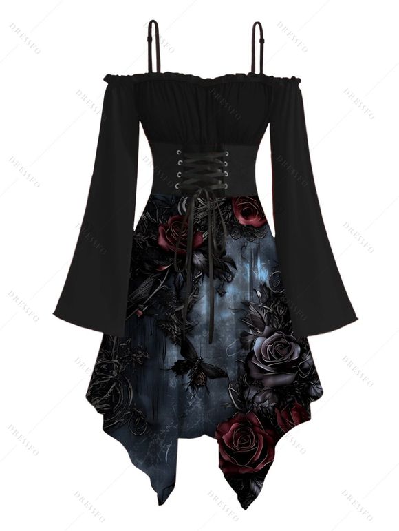 Gothic Couple Outfit Rose Floral Butterfly Print Ruffle Cold Shoulder Lace Up Belt Handkerchief Dress and Shirt Set - Noir S | US 4