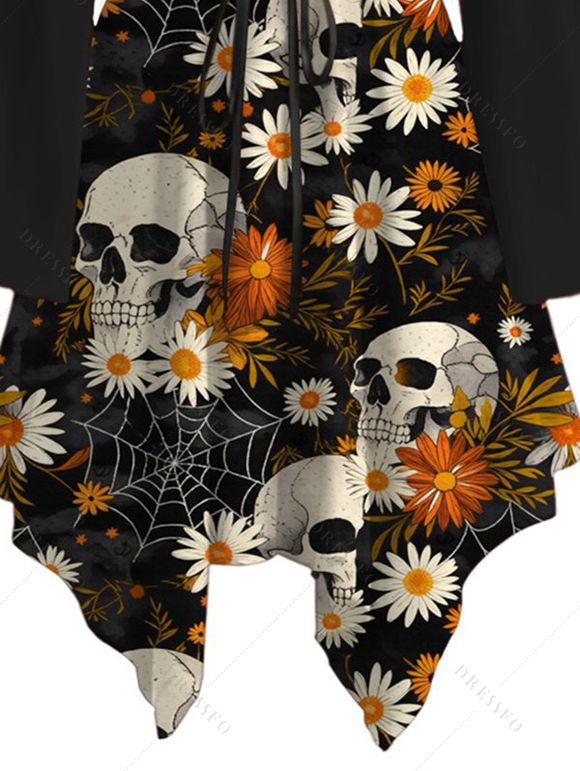 Gothic Dress Skulls Spider Web Daisy Floral Print Ruffle Cold Shoulder Lace Up Belt Bell Sleeve Handkerchief Dress - Noir XXL | US 14