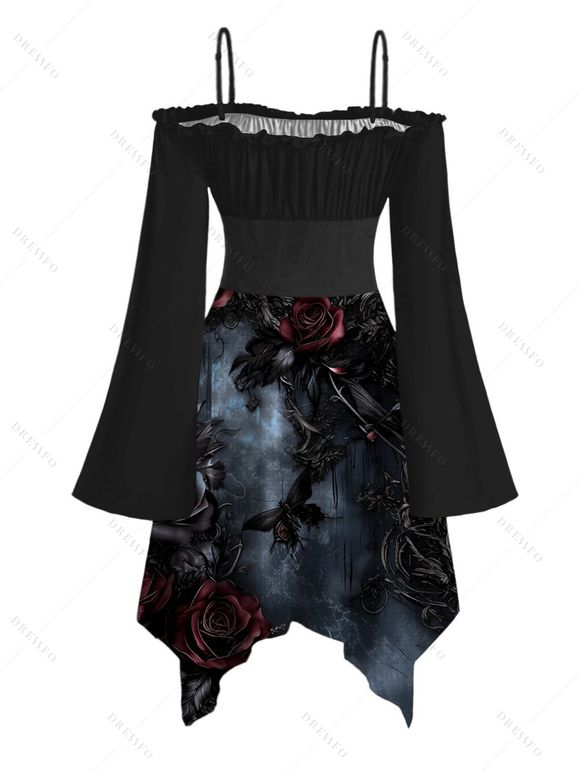 Gothic Couple Outfit Rose Floral Butterfly Print Ruffle Cold Shoulder Lace Up Belt Handkerchief Dress and Shirt Set - Noir S | US 4