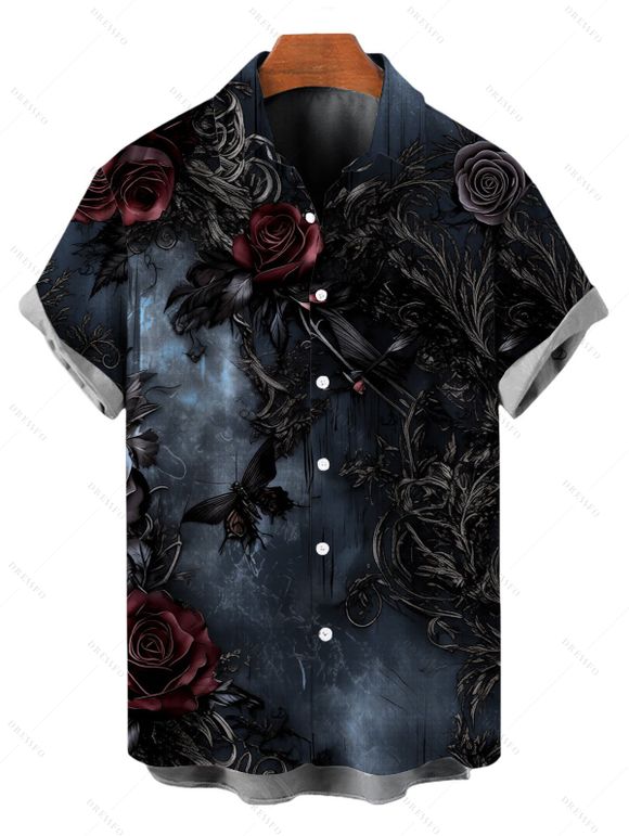 Gothic Couple Outfit Rose Floral Butterfly Print Ruffle Cold Shoulder Lace Up Belt Handkerchief Dress and Shirt Set - Noir S | US 4