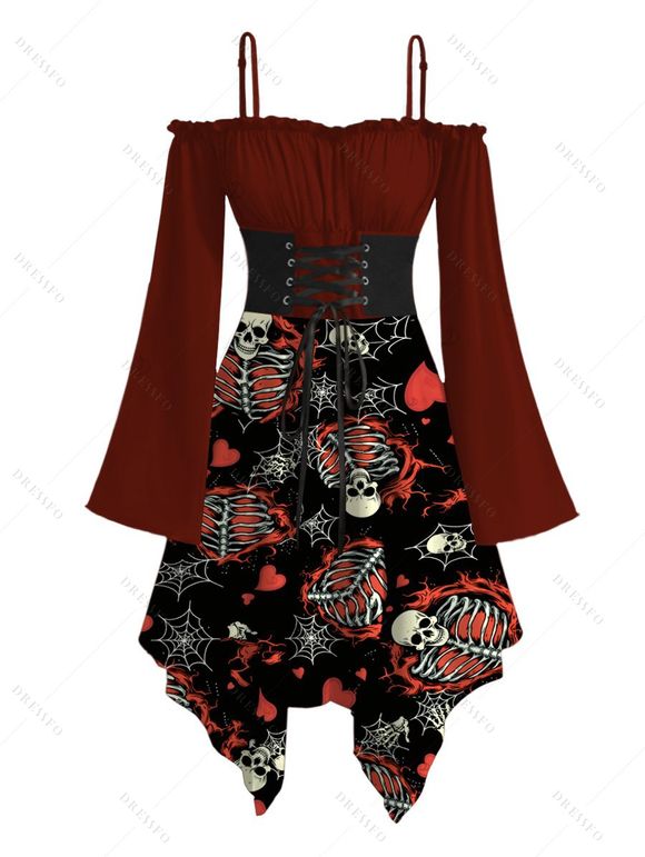 Gothic Couple Outfit Skeleton Skulls Heart Spider Web Print Ruffle Cold Shoulder Lace Up Belt Handkerchief Dress and Shirt Set - Rouge foncé S | US 4