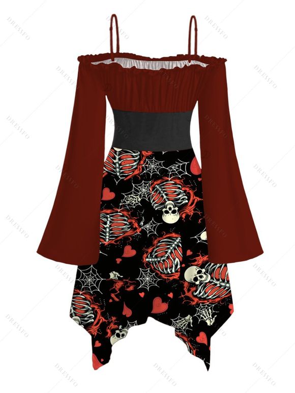 Gothic Couple Outfit Skeleton Skulls Heart Spider Web Print Ruffle Cold Shoulder Lace Up Belt Handkerchief Dress and Shirt Set - Rouge foncé S | US 4