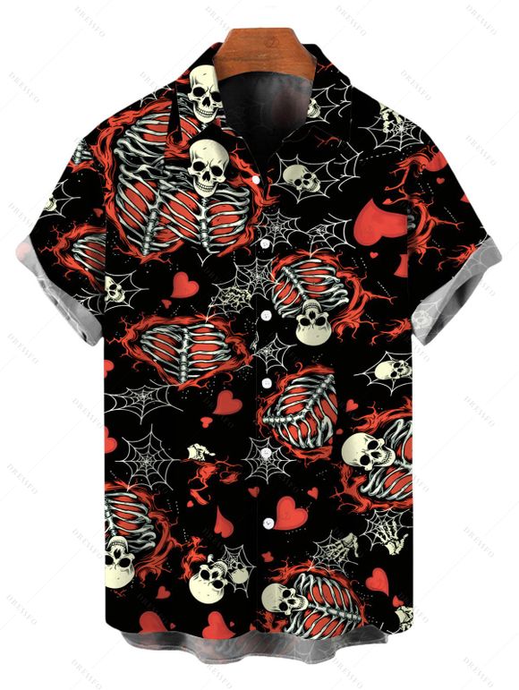 Gothic Couple Outfit Skeleton Skulls Heart Spider Web Print Ruffle Cold Shoulder Lace Up Belt Handkerchief Dress and Shirt Set - Rouge foncé S | US 4