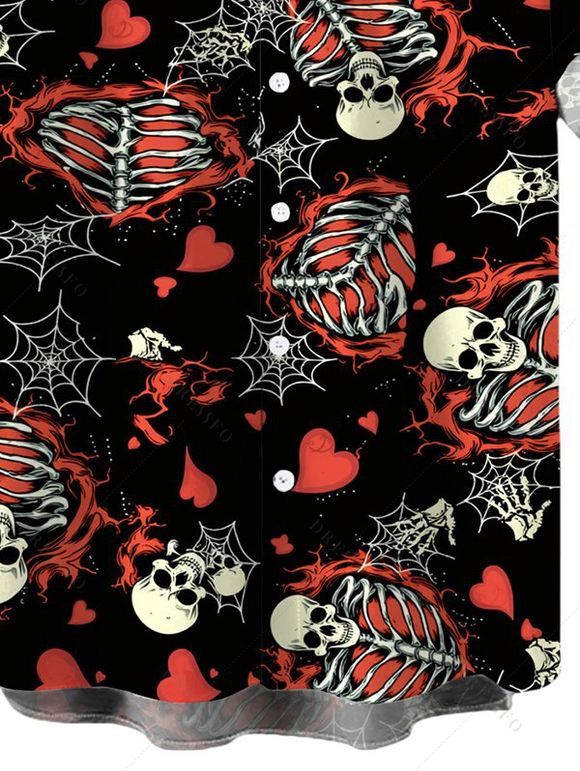 Men's Gothic Shirt Skeleton Skulls Heart Spider Web Print Button Up Shirt - Rouge foncé 5XL