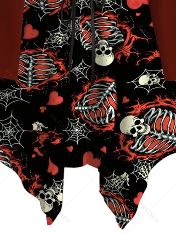 Gothic Dress Skeleton Skulls Heart Spider Web Print Ruffle Cold Shoulder Lace Up Belt Bell Sleeve Handkerchief Dress - Rouge Vineux XXL | US 14