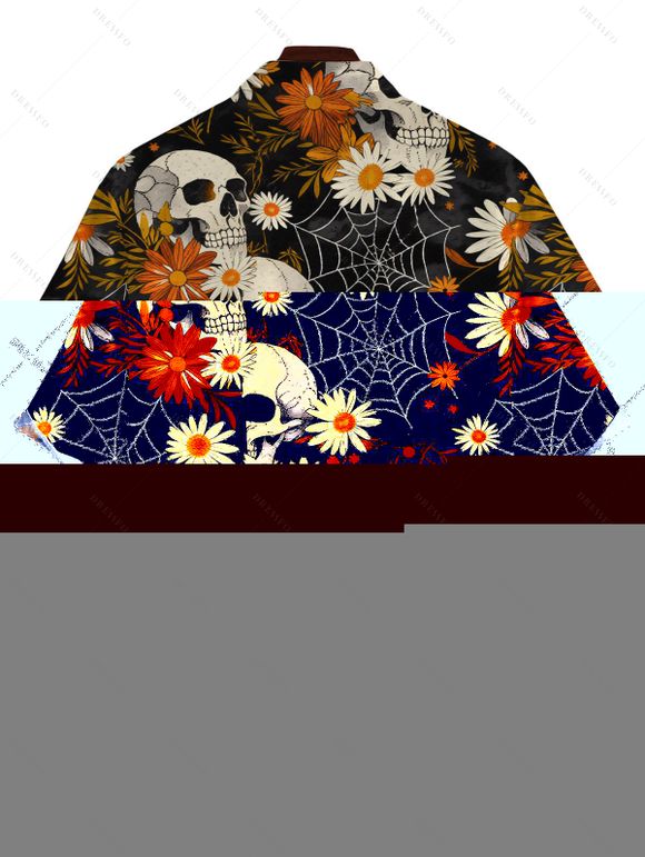 Men's Gothic Shirt Skulls Spider Web Daisy Floral Print Button Up Shirt - Noir 5XL