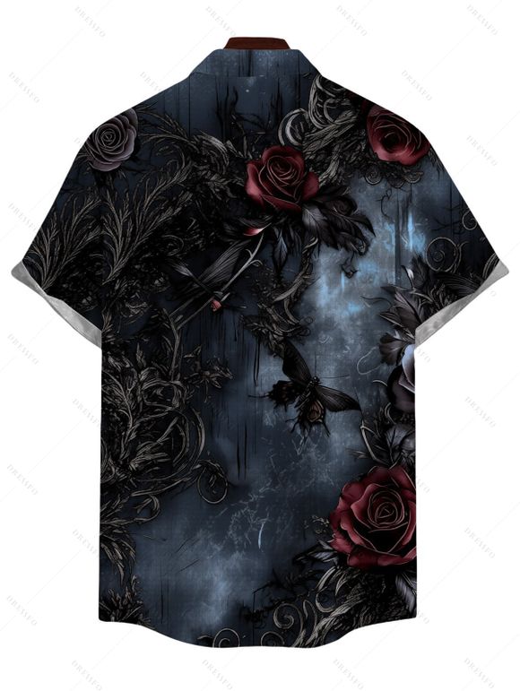 Men's Gothic Shirt Rose Floral Butterfly Print Button Up Shirt - Noir 5XL