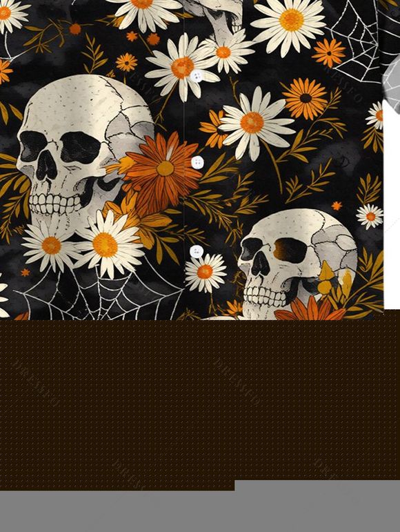 Men's Gothic Shirt Skulls Spider Web Daisy Floral Print Button Up Shirt - Noir 5XL