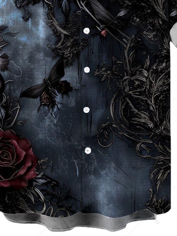 Men's Gothic Shirt Rose Floral Butterfly Print Button Up Shirt - Noir 5XL