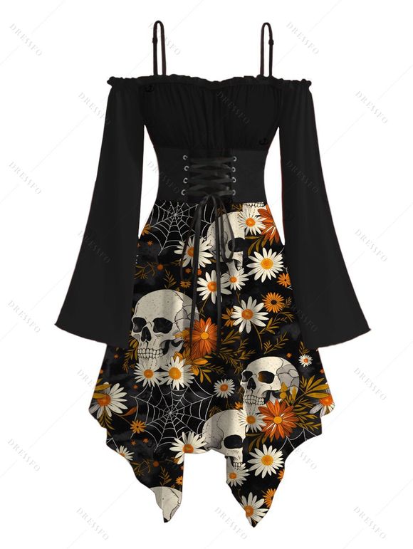 Gothic Couple Outfit Skulls Spider Web Daisy Floral Print Ruffle Cold Shoulder Lace Up Belt Bell Sleeve Handkerchief Dress and Shirt Set - Noir S | US 4