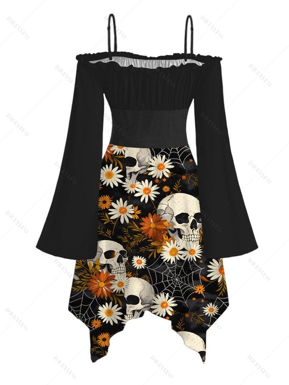 Gothic Couple Outfit Skulls Spider Web Daisy Floral Print Ruffle Cold Shoulder Lace Up Belt Bell Sleeve Handkerchief Dress and Shirt Set - Noir S | US 4