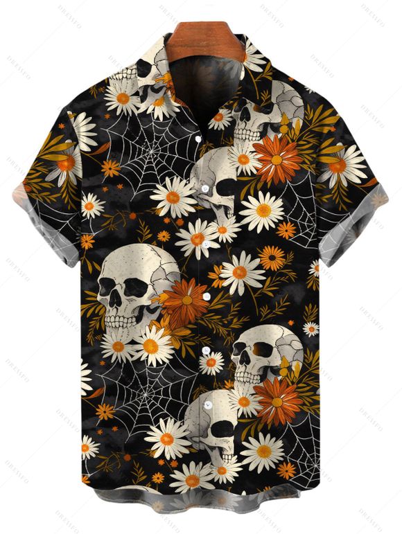 Gothic Couple Outfit Skulls Spider Web Daisy Floral Print Ruffle Cold Shoulder Lace Up Belt Bell Sleeve Handkerchief Dress and Shirt Set - Noir S | US 4