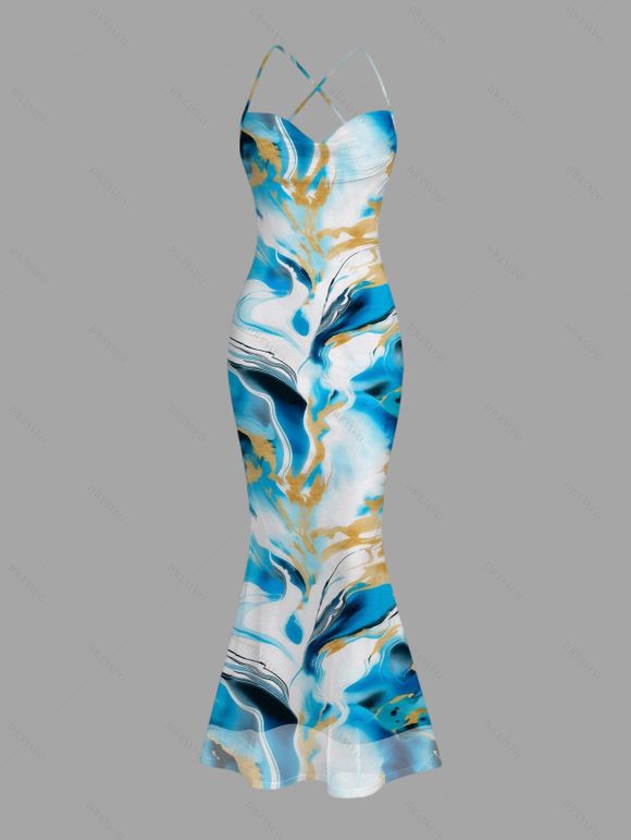 Vacation Dress Gilded Tie Dye Marble Print Draped Mesh Open Back Bodycon Mermaid Dress - Bleu XXL | US 14