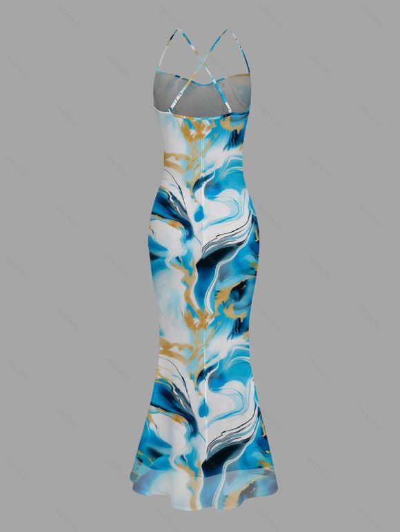 Vacation Dress Gilded Tie Dye Marble Print Draped Mesh Open Back Bodycon Mermaid Dress - Bleu XXL | US 14
