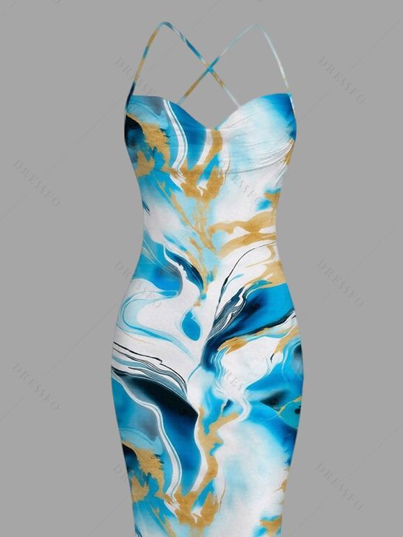 Vacation Dress Gilded Tie Dye Marble Print Draped Mesh Open Back Bodycon Mermaid Dress - Bleu XXL | US 14