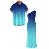 Party Couple Outfit Ombre Ruched One Shoulder Slit Mermaid Bodycon Dress and Shirt Set - Bleu profond S | US 4
