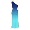 Party Dress Ombre Ruched One Shoulder Slit Mermaid Bodycon Elegance Dress - Bleu profond L | US 8-10