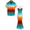 Vacation Couple Outfit Ombre Rainbow Color Draped Mesh Bodycon Mermaid Dress and Shirt Set - multicolor S | US 4