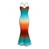 Vacation Couple Outfit Ombre Rainbow Color Draped Mesh Bodycon Mermaid Dress and Shirt Set - multicolor S | US 4