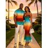 Vacation Couple Outfit Ombre Rainbow Color Draped Mesh Bodycon Mermaid Dress and Shirt Set - multicolor S | US 4