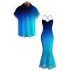 Vacation Couple Outfit Ombre Print Draped Mesh Open Back Bodycon Mermaid Dress and Shirt Set - Bleu S | US 4