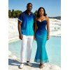 Vacation Couple Outfit Ombre Print Draped Mesh Open Back Bodycon Mermaid Dress and Shirt Set - Bleu S | US 4