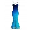 Vacation Couple Outfit Ombre Print Draped Mesh Open Back Bodycon Mermaid Dress and Shirt Set - Bleu S | US 4