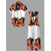 Vacation Couple Outfit Abstract Colorblock Oil Painting Leaf Print Bowknot Pocket Off the Shoulder Jumpsuit and Shirt Set - multicolor S | US 4