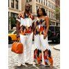 Vacation Couple Outfit Abstract Colorblock Oil Painting Leaf Print Bowknot Pocket Off the Shoulder Jumpsuit and Shirt Set - multicolor S | US 4