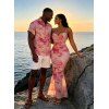 Vacation Couple Outfit Gilded Tie Dye Marble Print Draped Mesh Open Back Bodycon Mermaid Dress and Shirt Set - Rose S | US 4