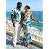 Vacation Couple Outfit Gilded Tie Dye Marble Print Draped Mesh Open Back Bodycon Mermaid Dress and Shirt Set - Bleu S | US 4