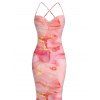 Vacation Dress Gilded Tie Dye Marble Print Draped Mesh Open Back Bodycon Mermaid Dress - Rose S | US 4