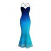Vacation Dress Ombre Print Draped Mesh Open Back Bodycon Mermaid Dress - Bleu S | US 4