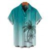 Beach Vacation Couple Outfit Ombre Hand-drwan Tropical Coconut Tree Print Ruched Bust Mini Dress and Shirt Set - Turquoise Foncée S | US 4