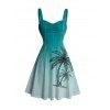 Beach Vacation Couple Outfit Ombre Hand-drwan Tropical Coconut Tree Print Ruched Bust Mini Dress and Shirt Set - Turquoise Foncée S | US 4