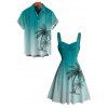 Beach Vacation Couple Outfit Ombre Hand-drwan Tropical Coconut Tree Print Ruched Bust Mini Dress and Shirt Set - Turquoise Foncée S | US 4