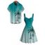 Beach Vacation Couple Outfit Ombre Hand-drwan Tropical Coconut Tree Print Ruched Bust Mini Dress and Shirt Set - Turquoise Foncée S | US 4