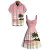 Vacation Couple Outfit Coconut Tree Beach Landscape Print Ruched Bust Mini Dress and Shirt Set - Rose S | US 4