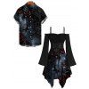 Gothic Couple Outfit Rose Floral Butterfly Print Ruffle Cold Shoulder Lace Up Belt Handkerchief Dress and Shirt Set - Noir S | US 4